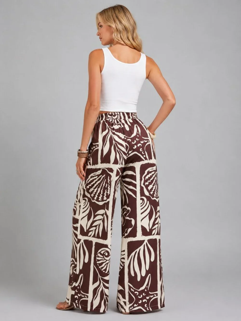 Women’s Brown Boho Tropical Print Wide Leg Palazzo Beach Vacation Pants Chic - Picture 2 of 4
